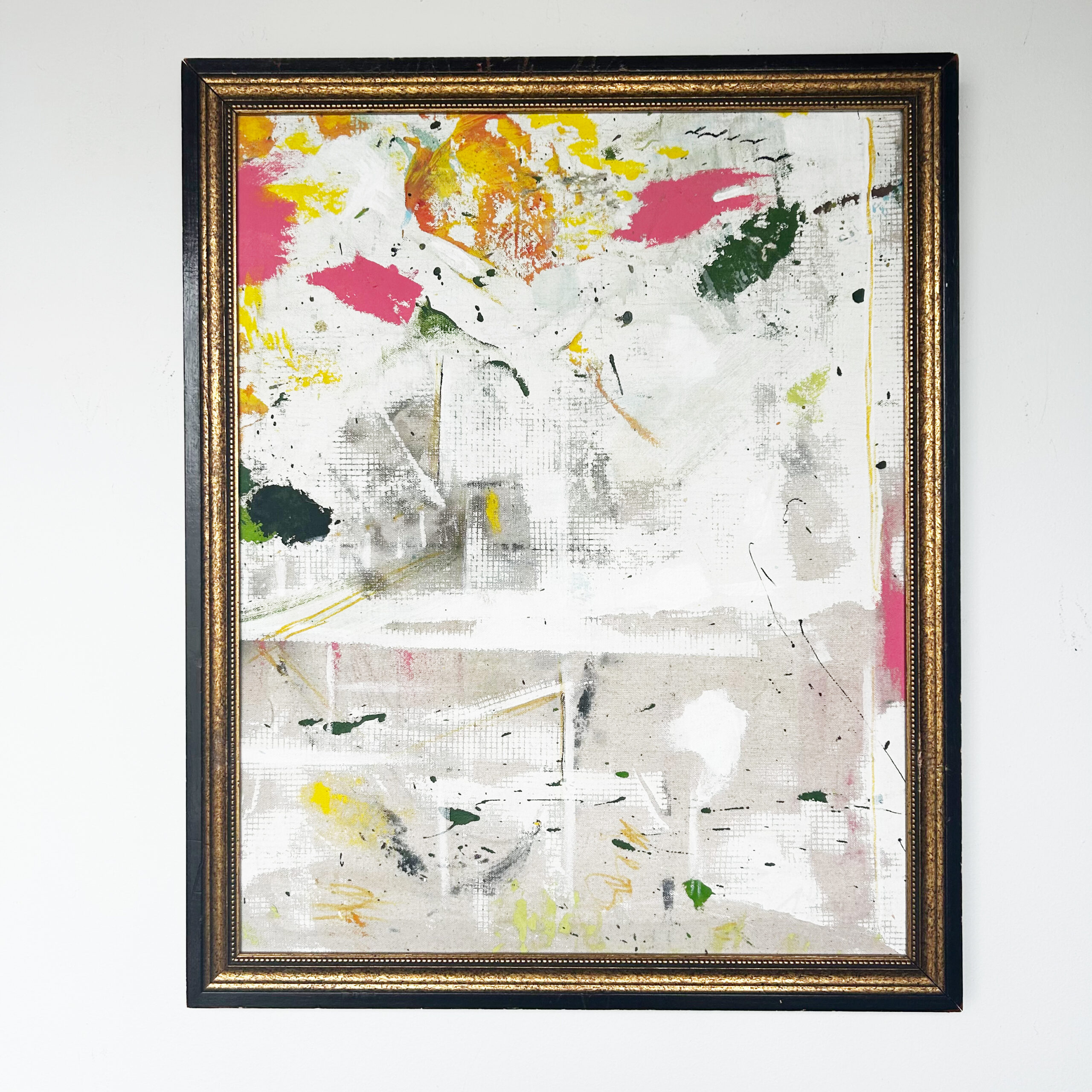 City on a Grid by Scott Kowalski, an abstract painting with white and gray grid textures and colorful accents, shown in a black and gold-tone frame.