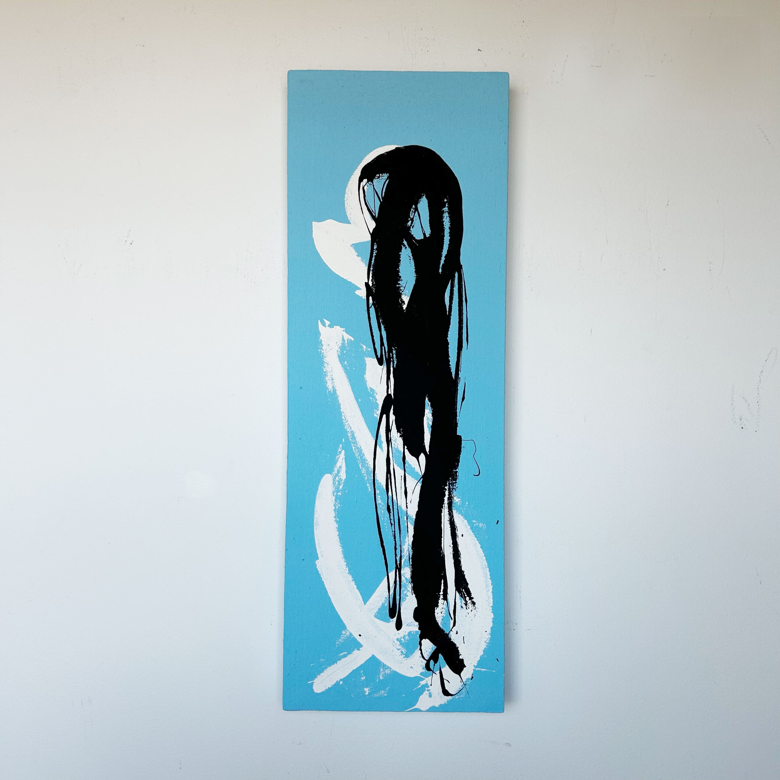 White Dress #35 by Scott Kowalski, a tall abstract painting with bold black strokes and sweeping white brushwork on a turquoise background.